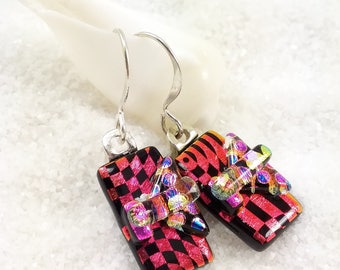 Fused dichroic glass earrings, glass jewelry, unique earrings,dichroic earrings, Hana Sakura, handmade red earrings, glass jewelry, dichroic