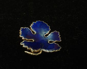 Cobalt Blue Guilloche Enamel Vintage Maple Leaf Brooch