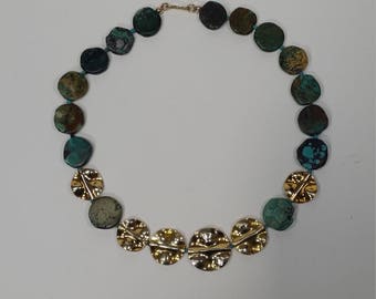Turquoise and vermeil disc necklace.