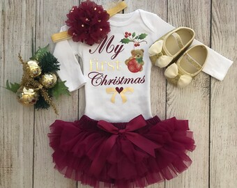 Baby Girl Christmas Outfit in Burgundy and Gold - My First Christmas - Baby Girl Christmas Photos - Baby’s 1st Christmas
