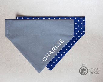 Personalized Dog Bandana | Navy Blue Polka Dots | Reversible Custom Cotton Bandana | Christmas Bandana | Dog Name Bandana | Over the collar
