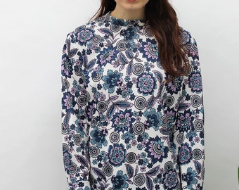 1960s Blue & Lilac Paisley Tunic Top Size UK 10/12, US 6/8, EU 38/40
