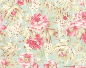 Shabby Floral Fabric, 3 Sisters Favorites, Moda 3768 14 Sea Glass, Cottage Chic Fabric, Pink Roses Fabric, Pink & Blue, Cotton Quilt Fabric