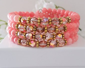 Handmade Bohemian Memory Wire Wrap Bracelet/ Cuff Bracelet/ Pink Coral Bracelet/Bracelets for Women/ Bohemian Jewelry