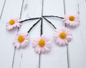 Set Light Pink Daisies Hair Pin Accessories - Daisy Flower Hair - Camomile hair decoration - Floral Bobby Pin - Girls Hair Accessories