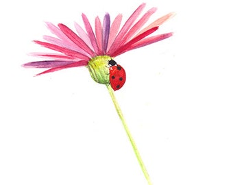 Printable watercolor art,Floral wall art, Floral print, Ladybug, Daisy, Floral decor,Kids room wall art, Nursery decor, Nursery print