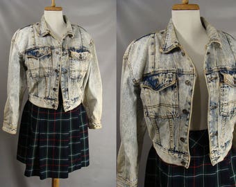 vintage 80s Jean Jacket. 1980s Acid Washed Jacket. Womens Cropped Jacket. Stonewashed Denim Jacket. Blue Jean Jacket. Crayon Jacket. size S