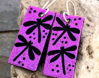 Dragonfly Dichroic Glass Earrings - Hand Etched Purple Glass Art