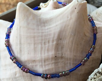 Beaded Bracelet in Cobalt Blue and Iridescent Purple