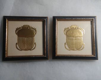 2 Vintage Egyptian Scarab Beatle framed lithogtaphs