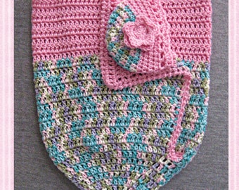 Baby Girl Cocoon Wrap with Beanie, Christening Gift, Baby Shower Gift, Pink with Pastel Colors of Purple, Blue, and Green