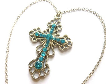 SILVER & AQUA Fleur di Lis Cross, Rhinestone Cross Pendant and Neck Chain, Vintage NOS New Old Stock Cross Necklace, Silver and Blue Cross