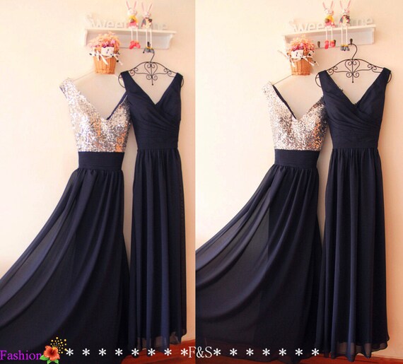 Navy Prom  Dresses  2019 Sequin Dresses  Long Bridesmaid  Dress 