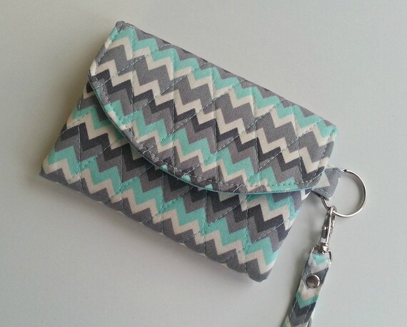 Quilted style ID Wallet Key Chain in Gray and Aqua Chevron