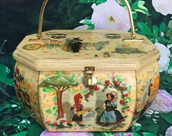 Vintage 70s Wood Box Purse Italian Scenes Decoupage