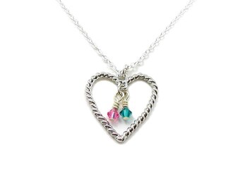 Birthstone Necklace, Heart Charm Necklace, Birthstone Jewelry, Birthstone Pendant, Mom Necklace, Mother Jewelry, Grandmother Necklace