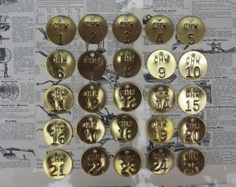 Lot of 25 Brass Tags Metal Number 1-25 Tags Stamped Tags Industrial Old Metal Tool Check Tokens vtg Salvaged Upcycle Jewelry Crafts Art
