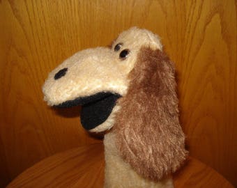 Tan Dog Hand Puppet black moveable mouth brown eyes hand sewn black felt nose brown furry ears