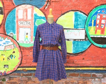 Vintage Blue Plaid Shirt Waist Dress Mini (Size Medium)