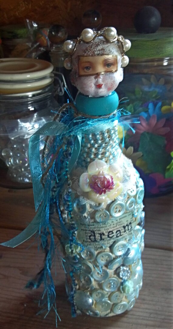 Dreamer Original Mixed Media Altered Art Bottle Doll Collage