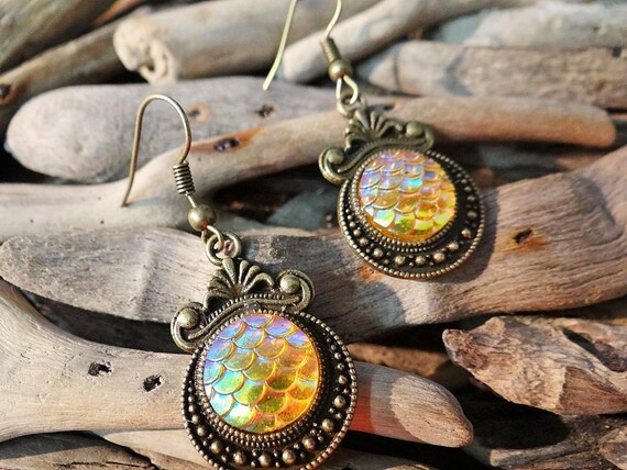 Amber Yellow Mermaid Tail Little Scale Scales Dragon Dragons Iridescent Earrings Bronze Tone Mermaids Siren