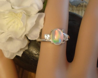 Light Sky Blue Ethiopian Fire Opal 2 Gemstone Accent Gems Ring, Sterling Silver, 1.45 Cts 9.00 x 7.50 mm Natural Welo Ethiopian Opal