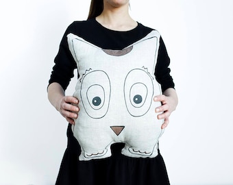 LINEN OWL PILLOW, stuffed linen owl, owl pillow, animal stuffed toy, home decor