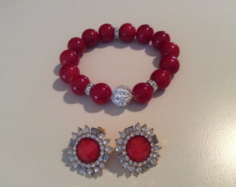 Red rhinestone bracelet and earring set