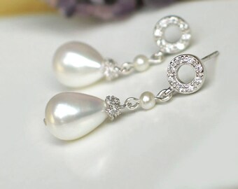 Teardrop Pearl Earrings | White Freshwater Pearl | Seed Pearl | CZ Pavé Sterling Silver Circle Studs | Bridal Pearl Jewelry | Ready to Ship