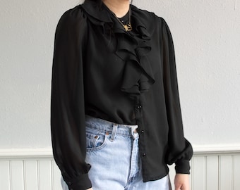 90s Black All Ruffled Up Blouse / Fits up to a Large