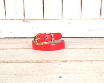 Vintage red leather belt/gold metal buckle belt/small/medium