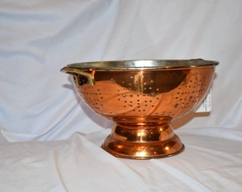 Vintage Copper Colander with Brass a Handles on Pedestal