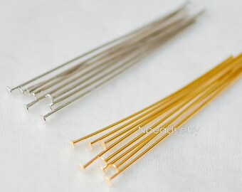 100pcs Gold/ Silver Head Pins 40mm, Gold/ Rhodium plated Brass Headpins, 0.7mm/ 21 Gauge T-Pins (GB-023)