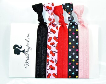 Cherry Hair Ties, Red, Black, Pink, Dots, Elastic Hair Ties, Handmade, Elastic Ribbon, Ponytail Holder, Knotted Hair Ties missponytail