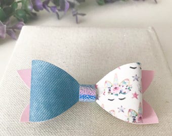 White & Pink Unicorn Metallic/Denim Faux Leather Bow, Headband Or Clip, Baby, Baby Gift, Toddler, Young Girl and Adult