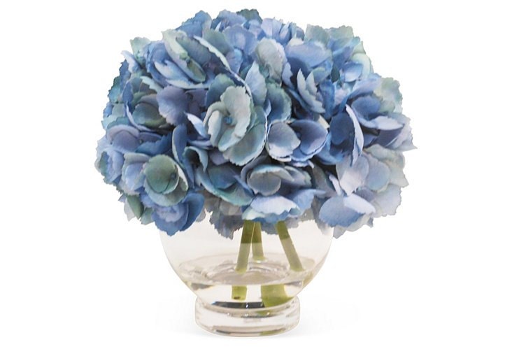 Blue Hydrangeas in Glass Vase Faux