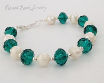 Mother's Day SALE! - Freshwater Pearl and Teal Crystal Bracelet, Teal and Pearl Bracelet, Teal Bracelet