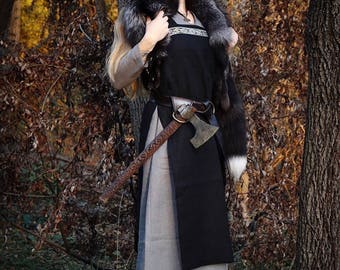 Viking Hangerock Apron Dress, Linen, Garb, Serk, Norse, SCA, HEMA, LARP knotwork trim Celtic Slavic Renaissance, Reenactment