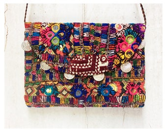 Multicolour Embroidered Clutch Bag With Mirrors & Coins
