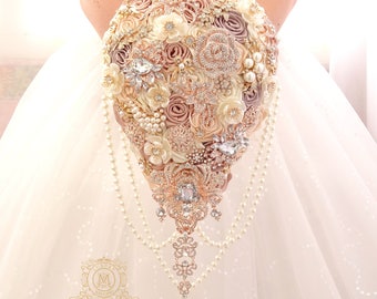 Rose gold BROOCH BOUQUET. blush, cream, champagne, ivory colours. Wedding bridal teardrop cascading bouquet.