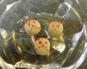 Set of 3 White and Pink Cat Face Lampwork Glass Beads - 12mm - Handmade - Kitten, Animal, Disk, Head