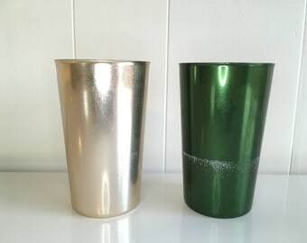 Vintage Bascal Anodized Aluminum Gold Green Drinking Glasses Set of Two (2) 1960s