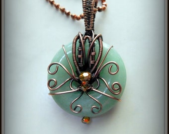 Copper Aventurine Donut Pendant, Copper Wire Wrapped Pendant, Green Pendant, Stone Jewelry, Wire Wrapped Jewelry, Swirled Donut Necklace