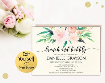 Brunch and Bubbly, Editable Invitation, Floral Bridal Shower Invite, Bridal Shower Invitation Template, Flower Invite, Printable Invitation