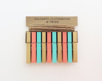 Colorful Clothespins. Coral. Aqua. Gold. Jute Twine. Kid Art Display. Photo Display. Photo Clothesline. Wedding Decor. Party Decor. DIY.