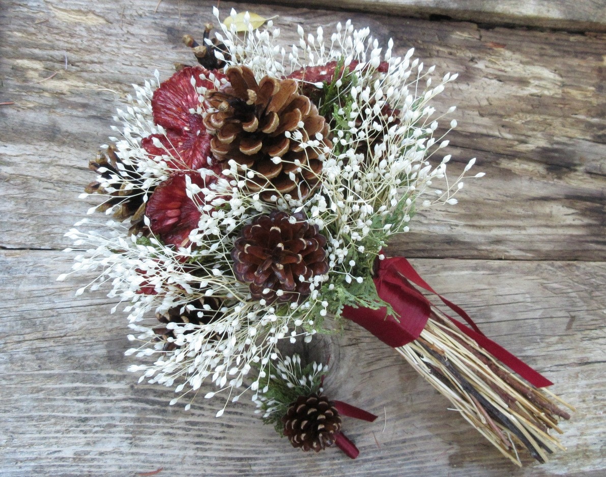 Red And White Pinecone Wedding Bouquet Cranberry Forest