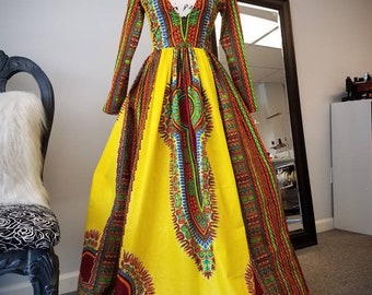 Elegant Ankara Full Length Dashiki Dress, African Print Maxi Dress
