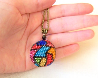 Abstract Art Ball Pendant - Globe Pendant - Geometric colorful Pendant - Bead crochet pendant - Modern Pendant Necklace - Shiny pendant