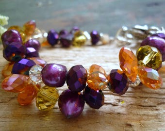 weaved freshwater pearl crystal , bracelet, genuine stone bracelet, crystal bracelet, freshwater pearl bracelet, purple freshwater pearl