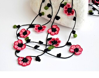 Crochet Necklace Cherry Blossom Burgundy Pink Flowers Oya Beaded Lariat Jewellery, Beadwork,Personalized Gift, Clothing Gift